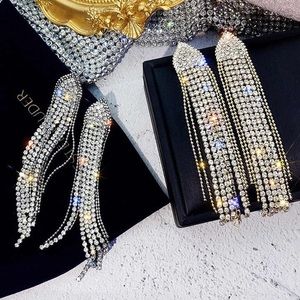NEW Triangle Rhinestone Long Tassels Exaggerate Designer Fashion Earrings